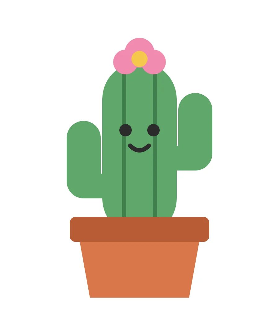Original art: a smiling cactus with a pink flower in a terracotta pot