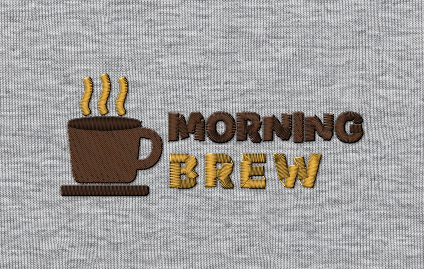 Stitched render on fabric of a brown fill coffee cup with satin lettering in brown and gold