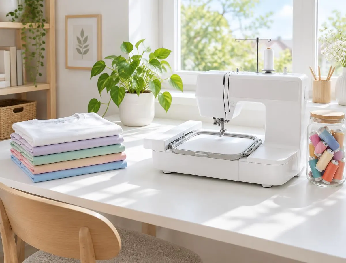 A sunny home sewing corner with a single-needle embroidery machine, folded plain t-shirts in pastel colors and a jar of thread spools