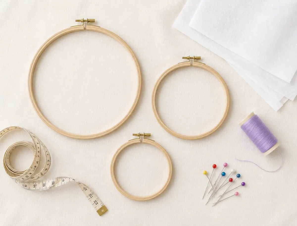 Three empty wooden embroidery hoops of different sizes on white linen, with stabilizer sheets, a tape measure, pins and a violet spool