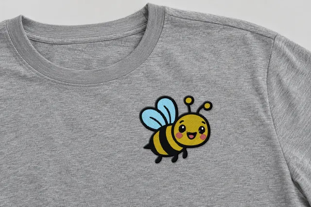 Mockup: the happy bee sample, stitched in Classic, on a t-shirt