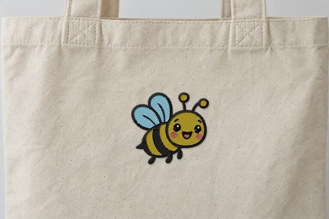 Mockup: the happy bee sample, stitched in Soft & Light, on a tote