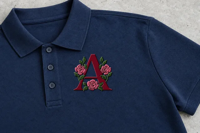 Mockup: the rose monogram sample, stitched in Classic, on a polo
