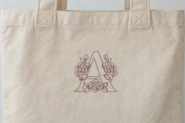 Mockup: the rose monogram sample, stitched in Line Art, on a tote