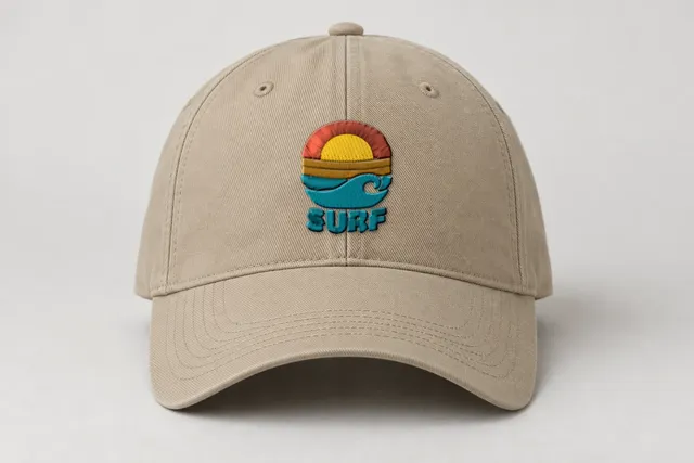Mockup: the surf sunset badge sample, stitched in Classic, on a cap