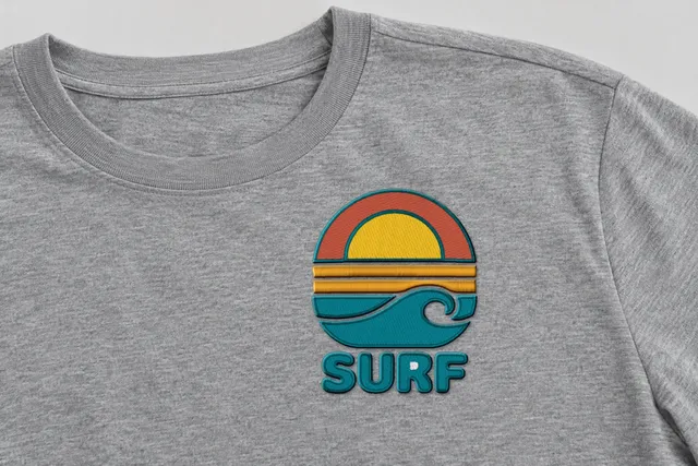 Mockup: the surf sunset badge sample, stitched in Bold Outline, on a t-shirt