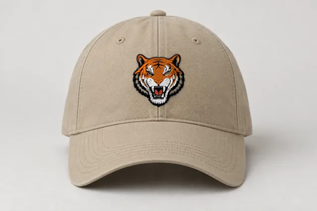 Mockup: the tiger mascot sample, stitched in Classic, on a cap