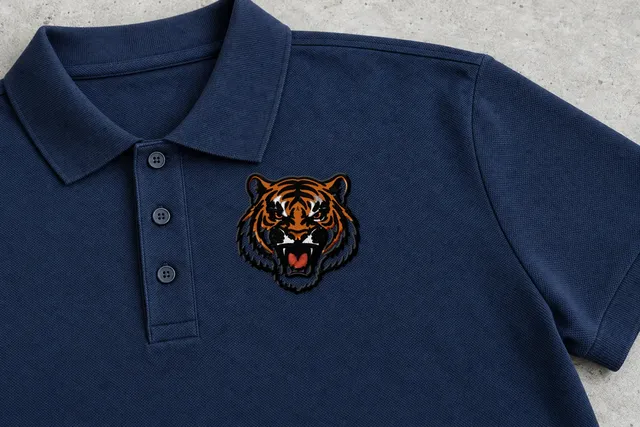 Mockup: the tiger mascot sample, stitched in Bold Outline, on a polo
