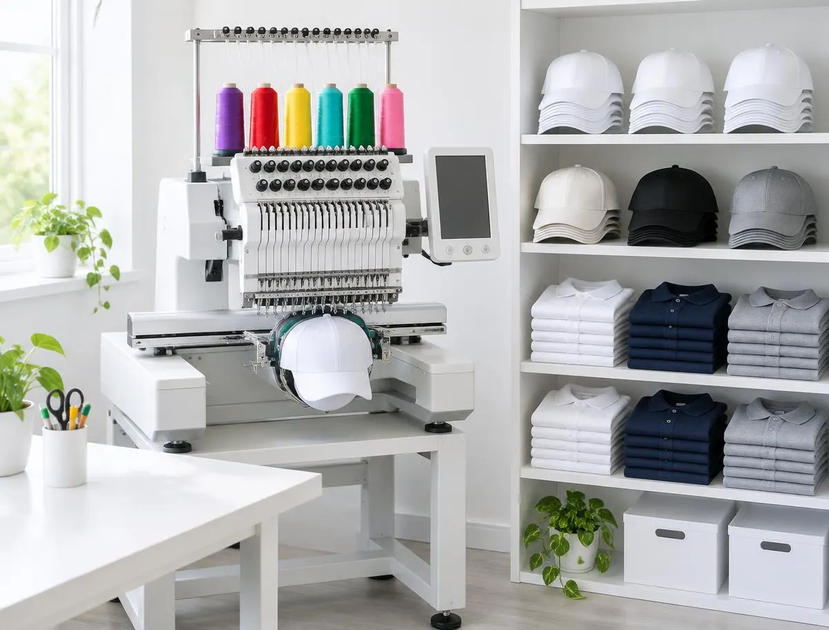 A bright embroidery workshop: a multi-needle machine with six thread cones, beside shelves of blank caps and folded polos